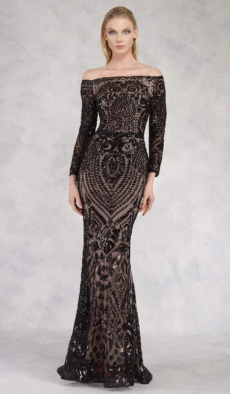 Evening Elegance Janique - Long Sleeve Geo-Sequined Mermaid Gown JA3017 - 1 pc Black/Nude In Size 6 Available