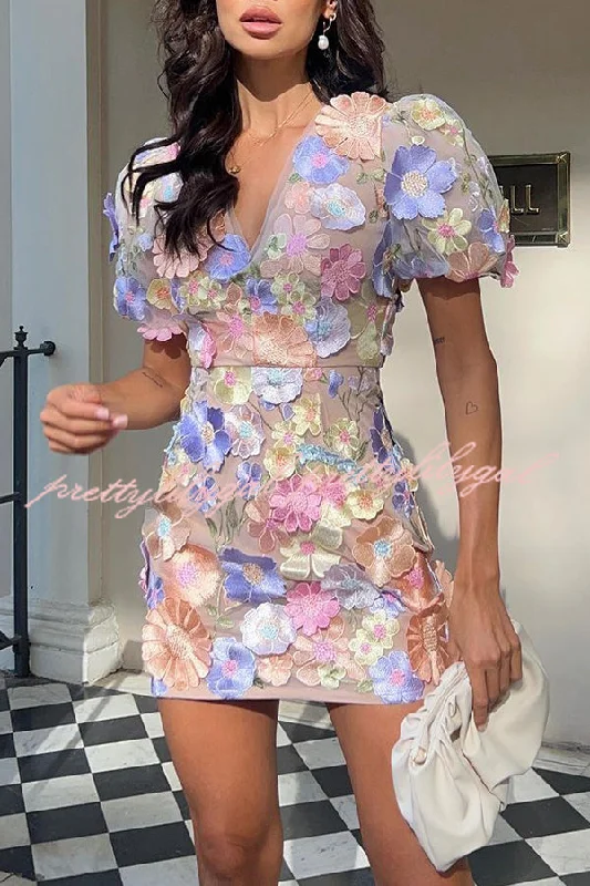 Preppy Style Garden Gala Embroidered Floral Applique Puff Sleeve Mini Dress