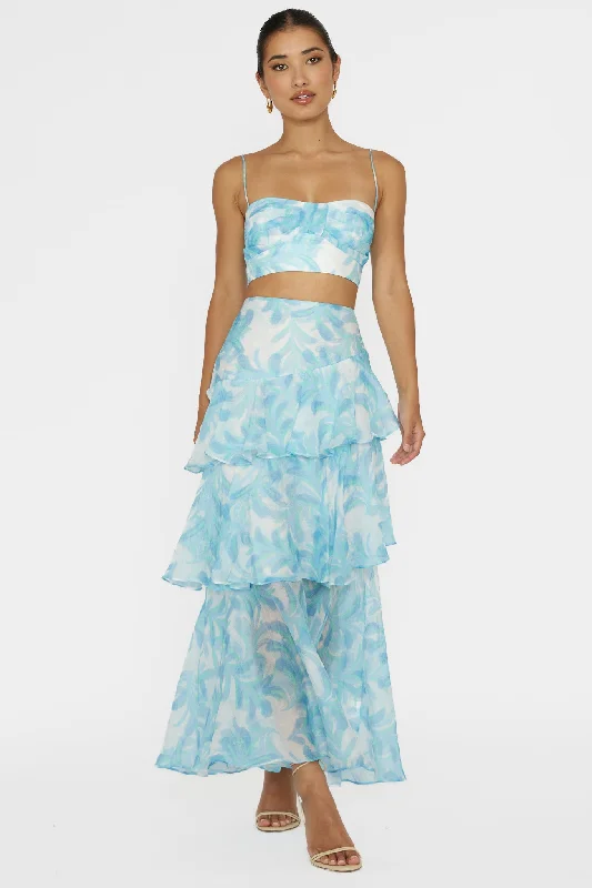 Online Clothing Boutiques Veda Tiered Ruffle Maxi Skirt Floral Blue