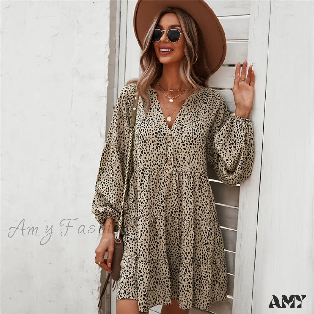 End of Season Sale Amy Fashion - Casual V Neck Button Full Sleeve Dot Mini Dresses