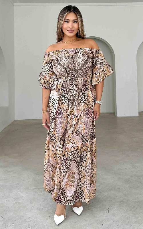 Chic Wardrobe Gamela Gem Embellished Maxi Dress - Beige Leopard Multi Print