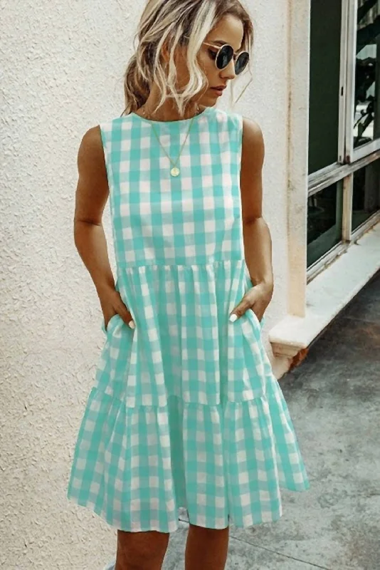 Relaxed Style Plaid Printed A-Line Midi Dress In Mint