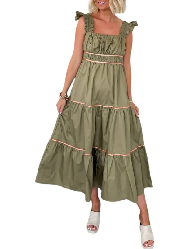 Chic Women’s Clothing for Work and Travel On Your Mind Tiered Midi Dress In Olive