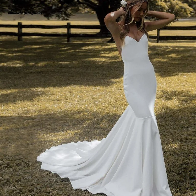 Stylish Looks Roycebridal Lovely Satin Wedding Dress Backless Spaghetti Straps Elegant