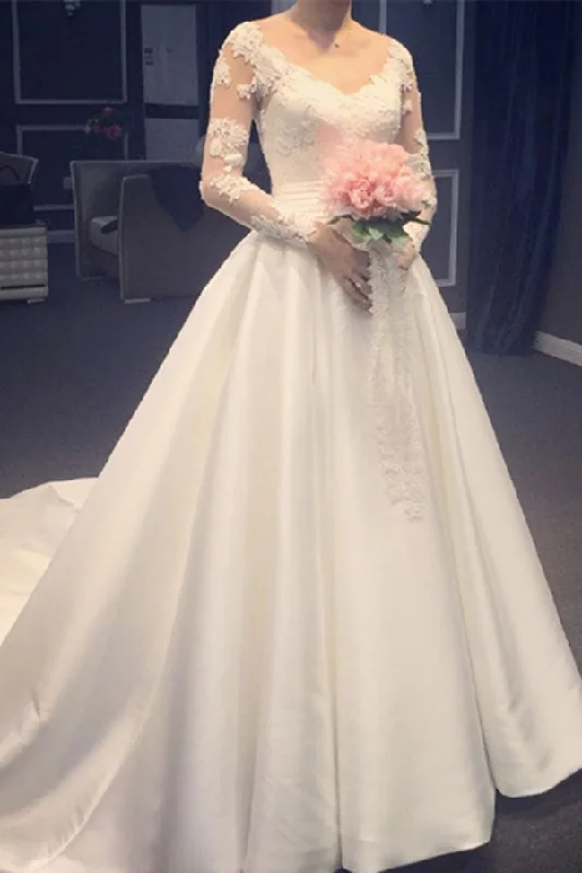 Style Upgrade Elegant A Line V-Neck Appliques Long Sleeves Wedding Dresses With Chapel Train N1227