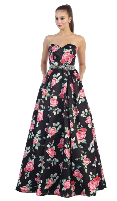 Flash Sale Fever May Queen RQ7425 Strapless with Rhinestone Waistband Floral Print Ball Gown - 1 pc Black/Print In Size 12 Available