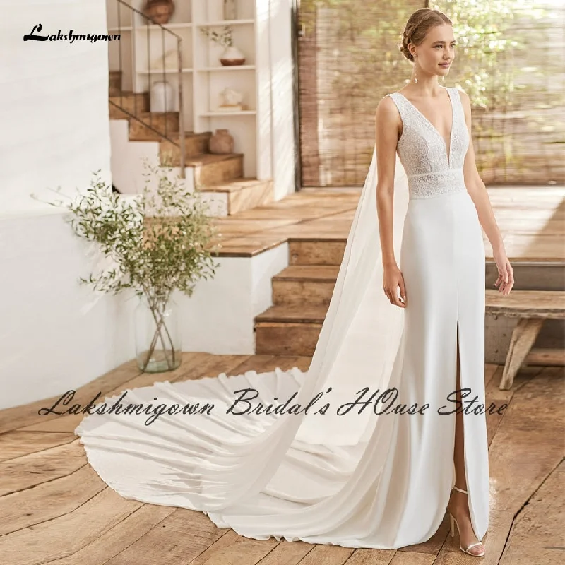 Trend Alert Roycebridal Modest Bridal Robe Satin Wedding Dress Long Cape 2025 V neck Civil Boho Mermaid Wedding Gowns Front Split Lakshmigown