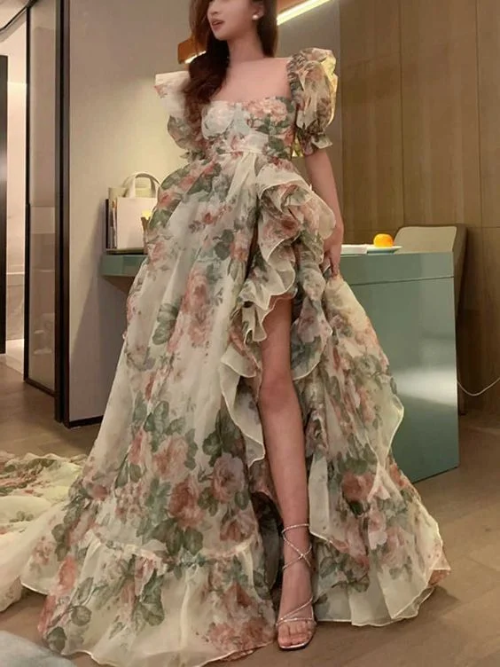 Holiday Discount Print Floral Vintage Dress Open Fork Elegant Evening Dress Puff Sleeves Sweet Female New Y6911