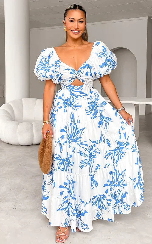 Street Style Fashion Bretta Maxi Dress - White Blue Print