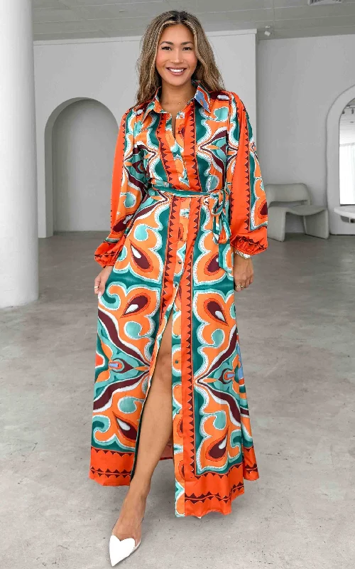 Graceful Fashion Augustine Long Sleeve Maxi Dress -  Orange Green Multi Print