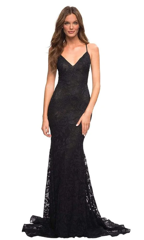 Rocker Chic Fashion La Femme - 30511 V-Neck Stretch Lace Gown