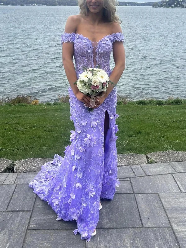 Fashion Women's Clothing Pretty Off the Shoulder Mermaid Lilac Lace Floral Long Prom Dresses, High Slit Graduation Evening Dresses Y7848