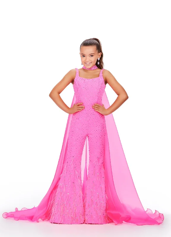 Fashion Forward Outfits Ashley Lauren Kids 8210 Size 14 Hot Pink Pageant Jumpsuit Crystal Feather Embellished Bell Bottom Cape