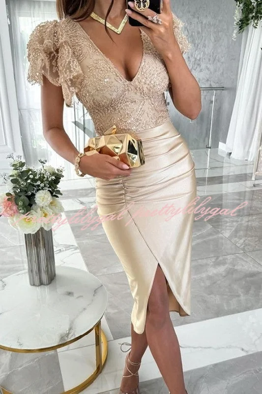 Seasonal Trends Dreamy Luxury Lace and Satin Patchwork Ruffle Sleeve Ruched Midi Dress