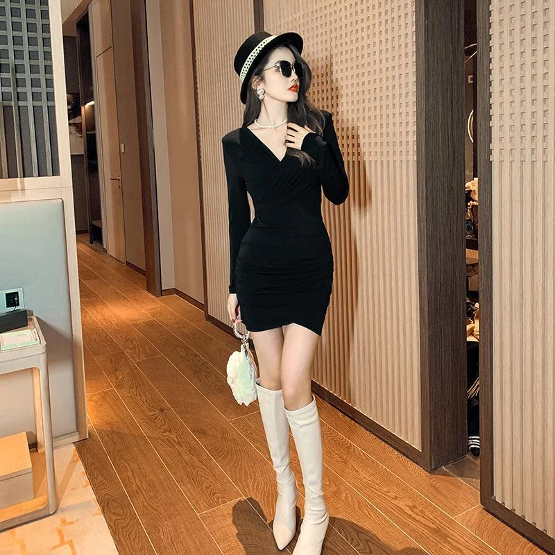 Discount Price Black Form Fitting Female V Neck Bondage Mini Dress