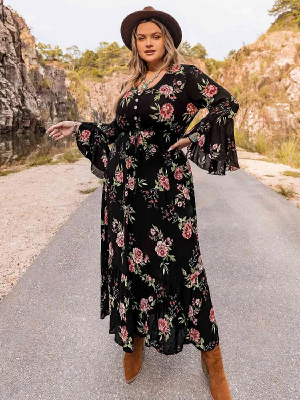 Big Sale Event Plus Size Floral Flare Sleeve Dress