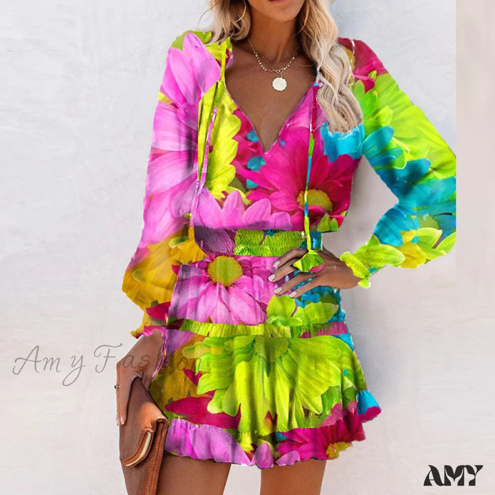 Luxury Fashion Amy Fashion - Elegant V-Neck Drawstring Ruffle Mini Dresses