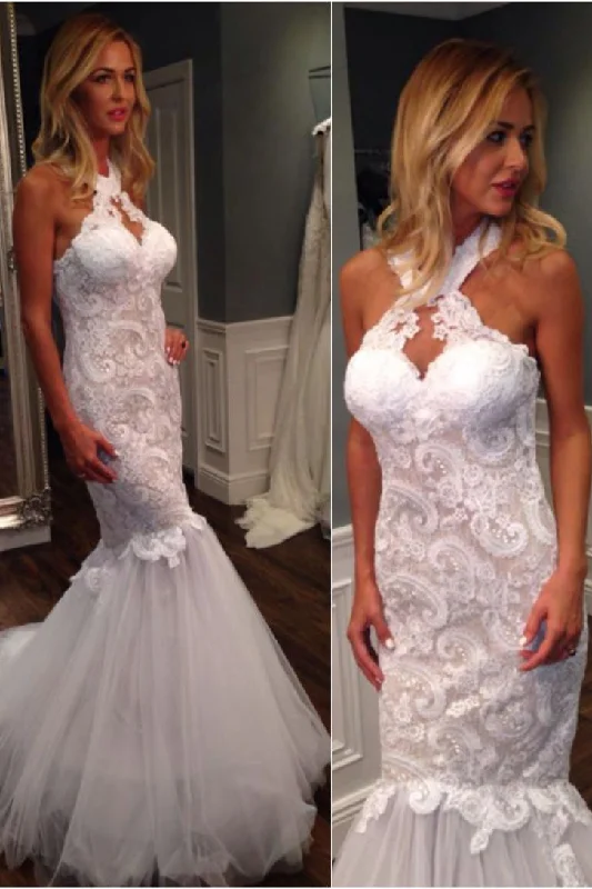 Casual Chic Mermaid Halter Sleeveless Tulle Wedding Dresses with Lace Appliques,Long Bridal Dresses N944