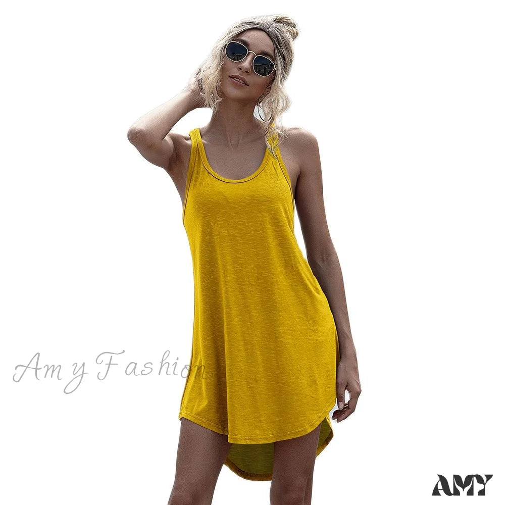 Clothes Woman Amy Fashion - Loose Off Shoulder Asymmetrical Cotton Mini Dress