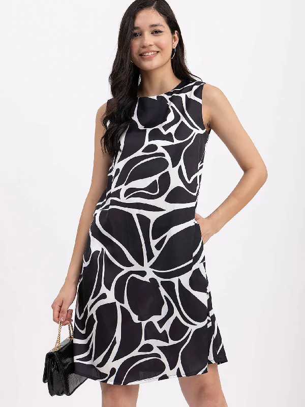 Limited Time Deal Satin Floral A Line Dress - Black And White