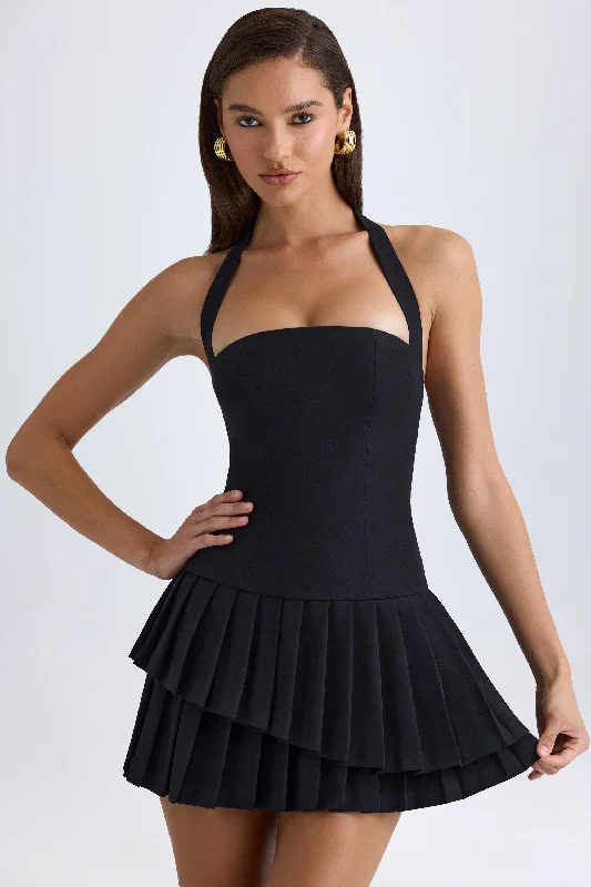 Trendy Urban Attire Asymmetric Layered Halterneck Mini Dress in Black