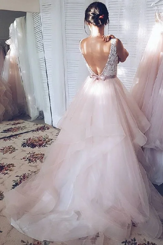 Exclusive Discount Light Pink V-Neck Sleeveless Sweep Train Lace Tulle Wedding Dresses with Sash N597