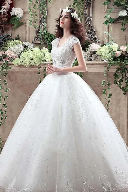 End Of Season Sale Ball Gown Cap Sleeve V Neck Open Back Lace Appliques Sequins Tulle Wedding Dresses N1231