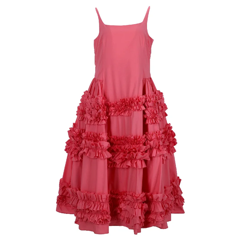 Free Spirited Fashion Molly Goddard Angie Ruffled Tiered Midi Dress in Pink Cotton