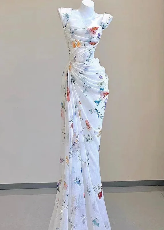 Flash Sale Online Beautiful Chiffon Pleated Print Floral Prom Dress Mermaid Formal Evening Dress Party Gown Y7564