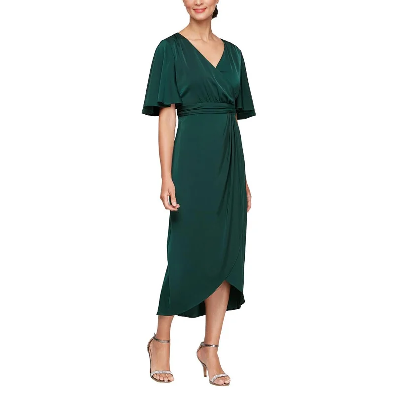 High End Fashion Petites Womens Below Knee Surplice Midi Dress