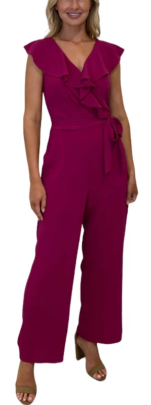 Women's Fashion Clothing Ruffle Wrap Jumpsuit With Sash In Fuschia