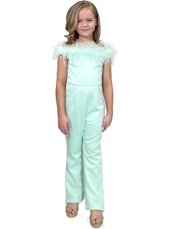 Flash Sale Clothing Marc Defang 8185K Size 12 Mint Girls Pageant Jumpsuit feather neck line off the shoulder