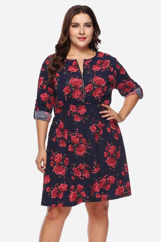 Vintage Fashion Plus Size Floral Print Half Zip Up Dress