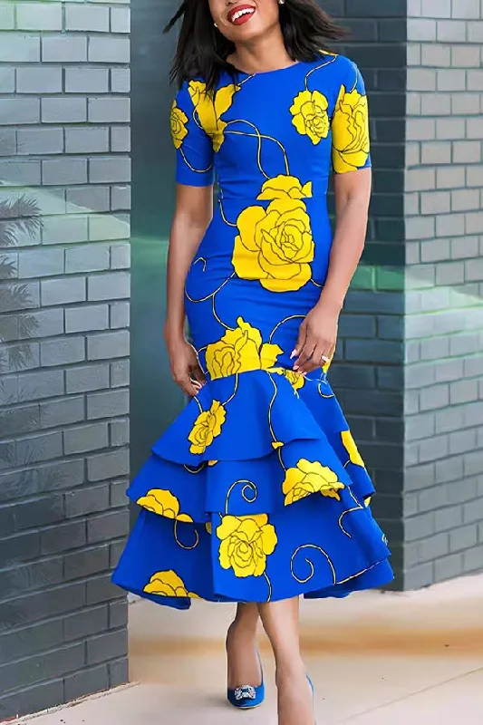 Save Big Contrasting Floral Print Bright Tiered Fishtail Midi Dress