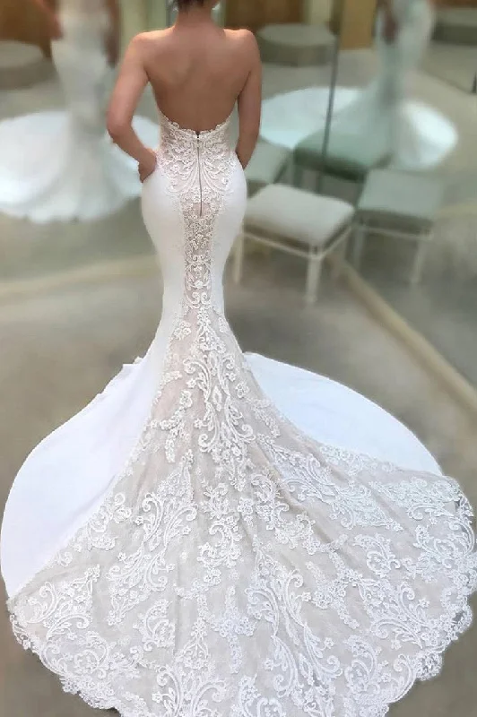 Urban Femme Streetwear Strapless V-neck Mermaid Court Train Appliques Lace Wedding Dresses N1089