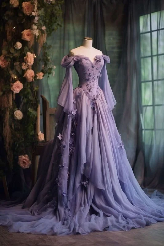 Discount Price Purple Tulle Prom Dress One Shoulder Fairy Long Sleeve 3D Floral Appliques Evening Dress Y7605