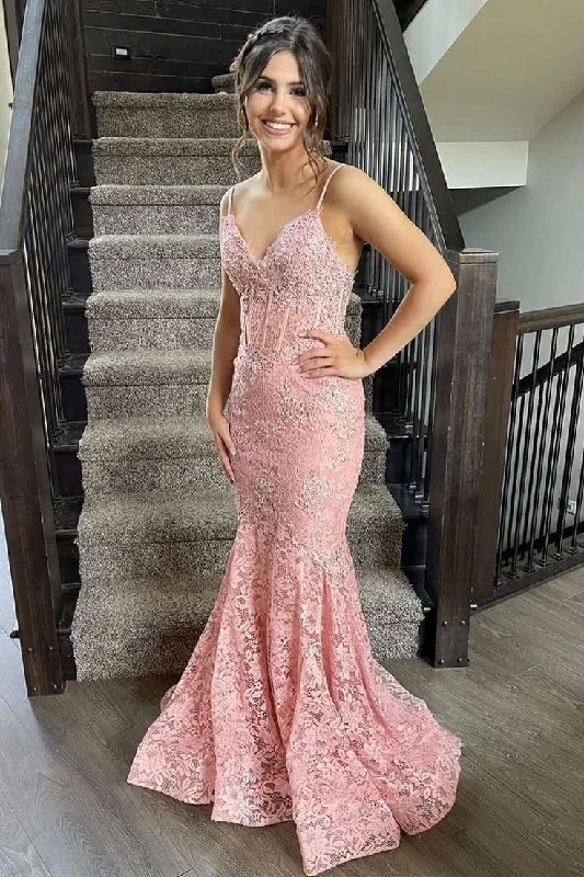 Evening Looks Pink Floral Lace V-Neck Trumpet Long Prom Dress Y6461