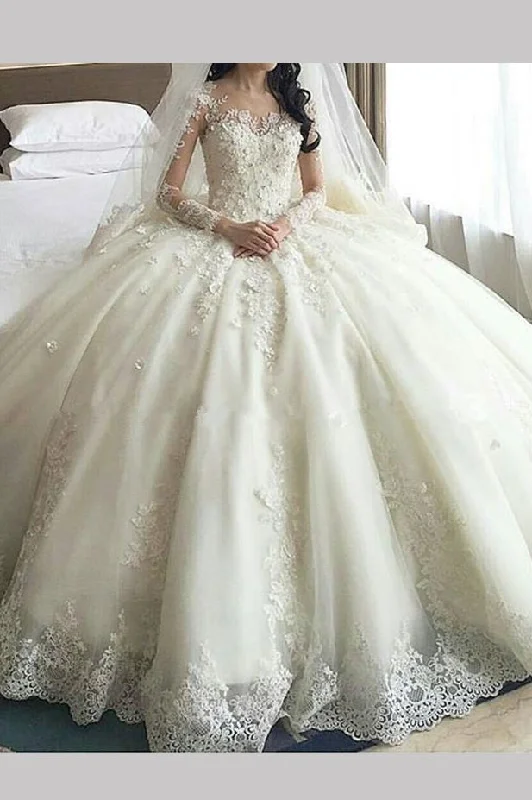 Weekend Sale Gorgeous ivory Lace Appliques Long Sleeves Ball Gown Wedding Dresses