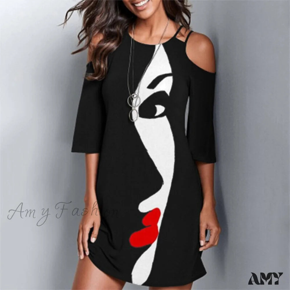 Street Style Fashion Amy Fashion - Round Neck Mask Printed Mini Dress