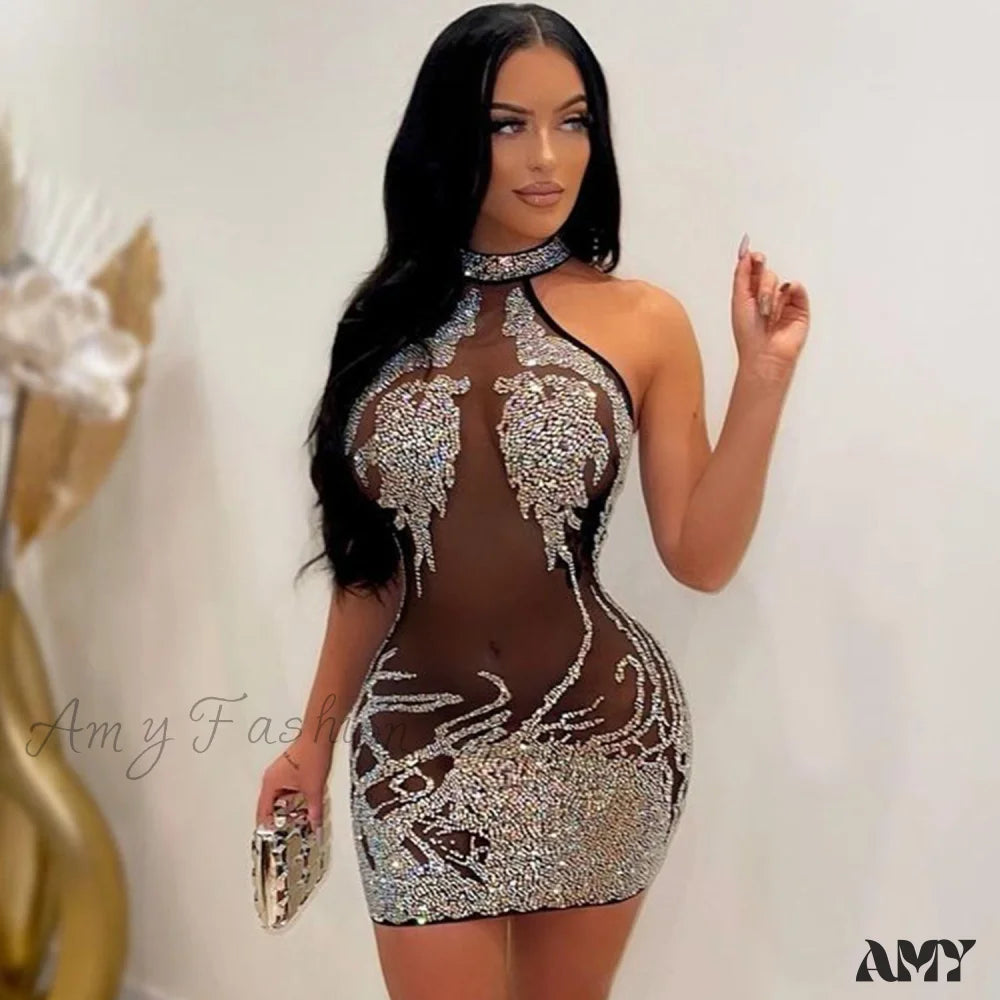 Laid-Back Elegance Amy Fashion - Sexy Mesh Rhinestone Short Prom Evening Mini Dress