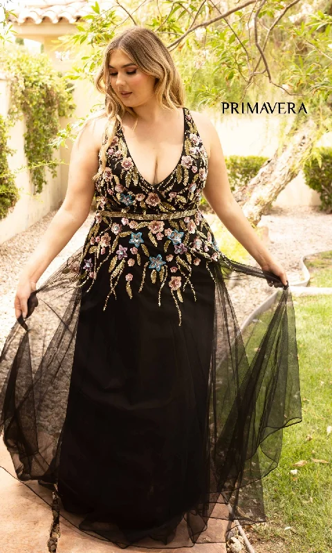 Online Clothing Stores Floral-Beaded Long Black Plus-Size Prom Dress