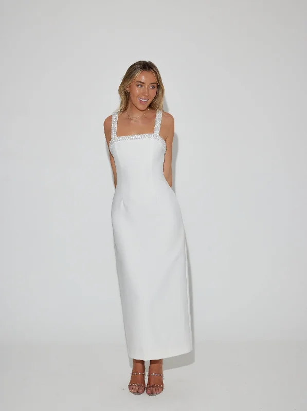 Trendy Boutique Online The Ultimate Muse Pearl Trim Midi Dress