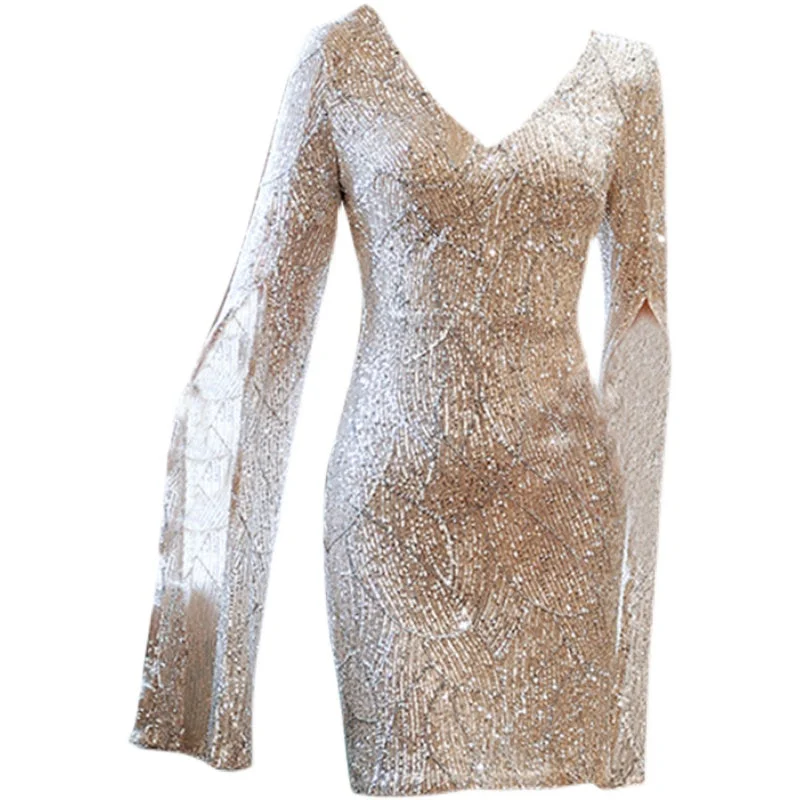 Women Fashion Sequin Cape Sleeves Mini Dress