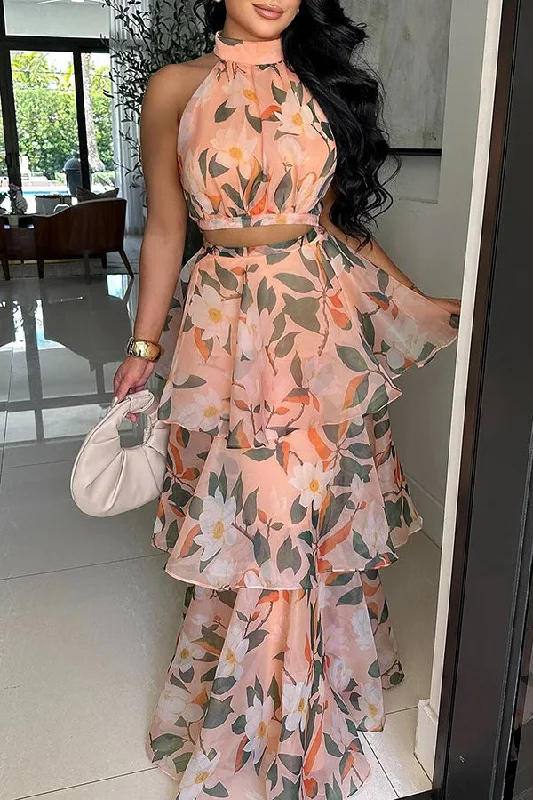 Summer Sale Floral Print Dramatic Cutout Tiered Ruffle Dress Suit