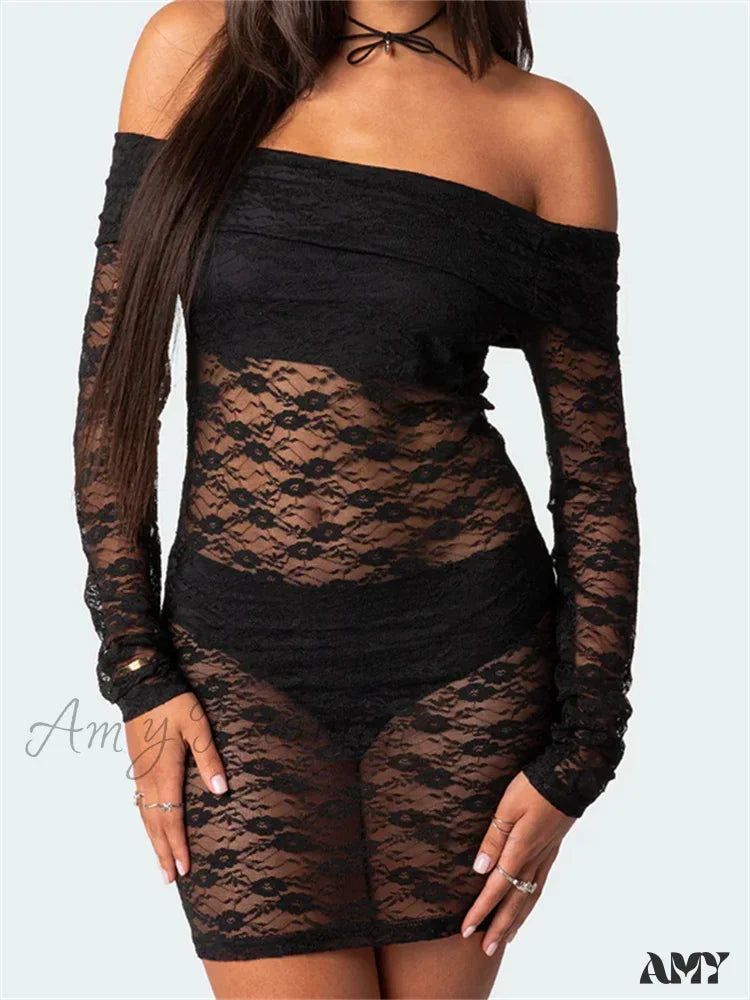 Casual Chic Amy Fashion - Sexy Off Shoulder Lace Fashion Long Sleeve Mini Dress