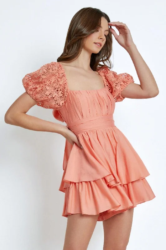 Fashion For Every Occasion Lace Sleeve Back Tie Ruffle Tiered Mini Romper Dress