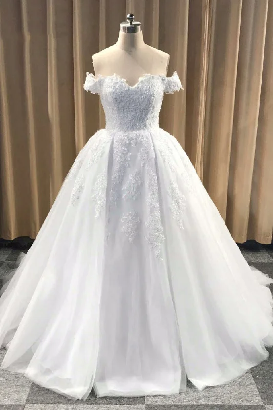 Limited Time Offer Puffy Off Shoulder Tulle Wedding Dresses Appliqued Bridal Dresses with Train N1173