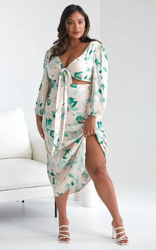 New Arrival Discount Roza Long Sleeve Maxi Dress - Beige Green Print