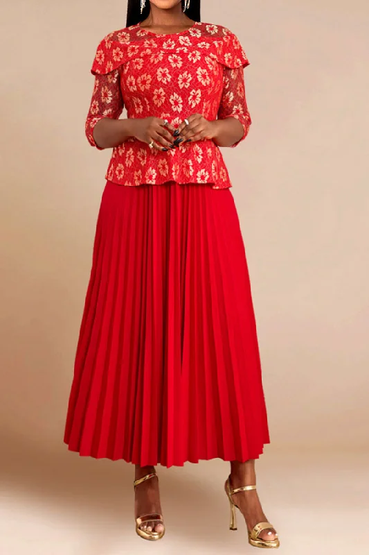 Sale Clearance Red Floral Lace Peplum Feminine Pleated Maxi Dress