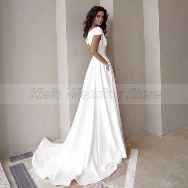 Women’s Clothes for All-Day Comfort and Style Roycebridal Modest Side Slit V-Neck Wedding Dresses Fashion Short Sleeve Sweep Train A Line Bridal Gowns with Pockets Robe De Mariée